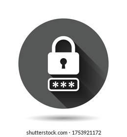 Login icon in flat style. Password access vector illustration on black round background with long shadow effect. Padlock entry circle button business concept.