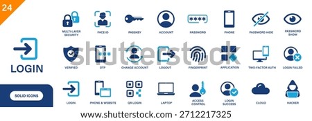 Login icon. Includes fingerprint, change account, logout, face ID, and password hide. Solid vector icon set.