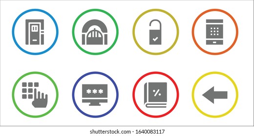 login icon set. 8 filled login icons.  Simple modern icons such as: Door, Password, Doorknob, Account, Back