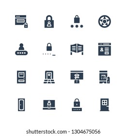 login icon set. Collection of 16 filled login icons included Door, Password, Login, Data protection