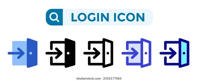 Login icons in 5 different vector illustration styles. Settings icons in flat, solid, line, blue and color styles. Vector illustrations can be used for web, mobile, ui