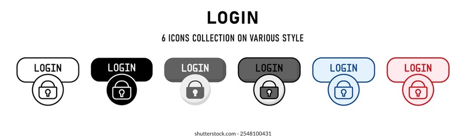 Login icons collection. 6 Various style. Web buttons concept. For sign, symbol, presentation, element, infographic or web graphics. Vector Illustration.