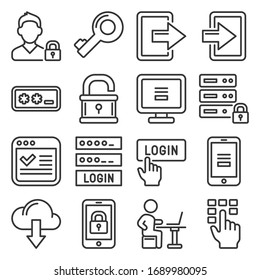 Login Icons Set on White Background. Line Style Vector