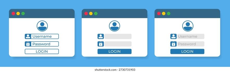 Login interface screens illustration set. User authorization windows with user name password and button elements