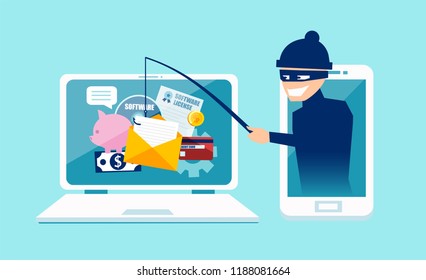 Login into account in email envelope and fishing for private financial account information. Vector concept of phishing scam, hacker attack and web security 