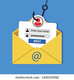 Login into account in email envelope and fishing hook. Internet phishing, hacked login and password. Netwrok and internet security. Anti virus, 
