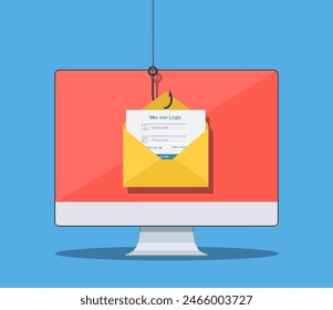 Login into account in email envelope and fishing hook. Internet phishing, hacked login and password. Netwrok and internet security. Anti virus, spyware, malware. Vector illustration in flat style