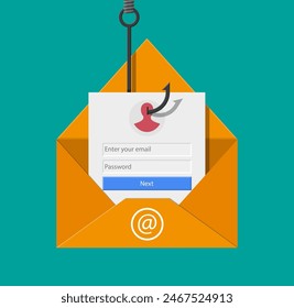 Inicio de sesión en la Cuenta en el sobre de correo electrónico y anzuelo de pesca. Suplantación de identidad en Internet, Inicio de sesión pirateado y Contraseña. Seguridad de redes e internet. Antivirus, spyware, malware. Ilustración vectorial en estilo plano