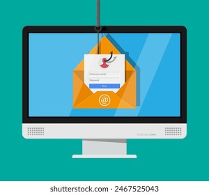 Inicio de sesión en la Cuenta en el sobre de correo electrónico y anzuelo de pesca. Suplantación de identidad en Internet, Inicio de sesión pirateado y Contraseña. Seguridad de redes e internet. Antivirus, spyware, malware. Ilustración vectorial en estilo plano