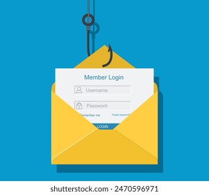 Login into account in email envelope and fishing hook. Internet phishing, hacked login and password. Netwrok and internet security. Vector illustration in flat style.