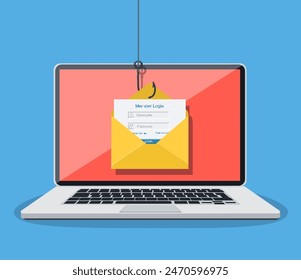 Login in Account in E-Mail-Umschlag und Angelhaken. Internet-Phishing, gehackter Login und Passwort. Netzwerk- und Internetsicherheit. Virenschutz, Spyware, Malware. Vektorillustration im flachen Stil