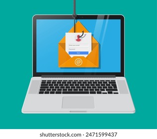 Login into account in email envelope and fishing hook. Internet phishing, hacked login and password. Netwrok and internet security. Anti virus, spyware, malware. Vector illustration in flat style