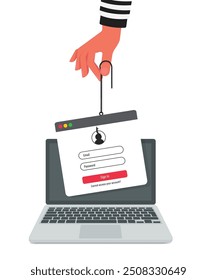 Login into account in email envelope and fishing hook. Internet phishing, hacked login and password. Netwrok and internet security. Anti virus, spyware, malware. stock illustration