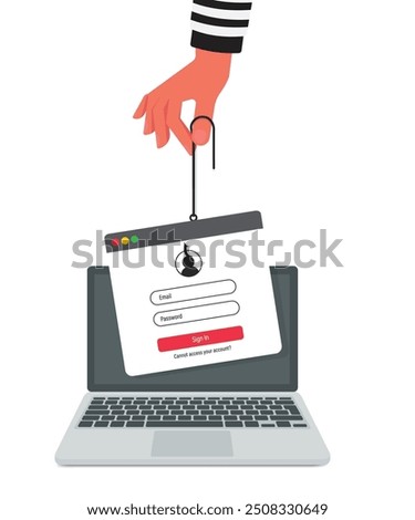 Login into account in email envelope and fishing hook. Internet phishing, hacked login and password. Netwrok and internet security. Anti virus, spyware, malware. stock illustration