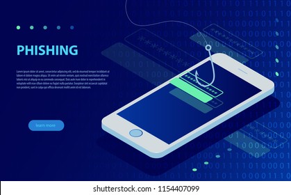 Login into account and fishing hook. Internet phishing, hacked login and password. Phishing via internet isometric vector concept illustration.