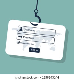 Login into account and fishing hook. Internet phishing, hacked login and password. Computer netwrok and internet security concept. Anti virus, spyware, malware. illustration in flat style