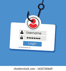 Login into account and fishing hook. Internet phishing, hacked login and password. Computer netwrok and internet security concept. Anti virus, spyware, malware. illustration in flat style
