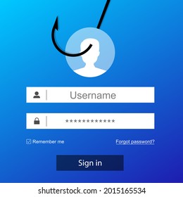 Login into account and fishing hook. Internet phishing, hacked login and password. Computer network and internet security concept. Anti virus, spyware, malware. vector in flat style