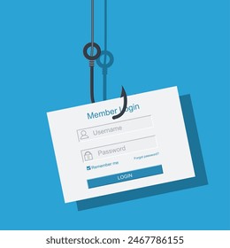 Login into account and fishing hook. Internet phishing, hacked login and password. Computer netwrok and internet security concept. Vector illustration in flat style