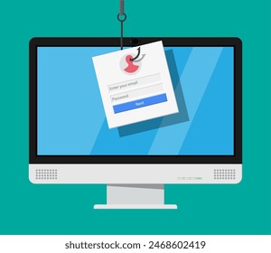 Login into account and fishing hook. Internet phishing, hacked login and password. Computer netwrok and internet security concept. Anti virus, spyware, malware. Vector illustration in flat style