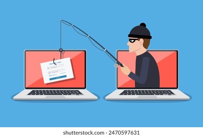 Inicio de sesión en Cuenta y anzuelo de pesca. Estafa de phishing, ataque de hackers y concepto de seguridad de Web. estafa y robo en línea. Ilustración vectorial en diseño plano