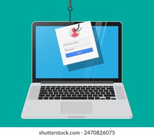 Login into account and fishing hook. Internet phishing, hacked login and password. Computer netwrok and internet security concept. Anti virus, spyware, malware. Vector illustration in flat style