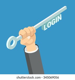 Login key flat 3d isometry isometric access concept web vector illustration. Businessman's hand holding key with login label.
