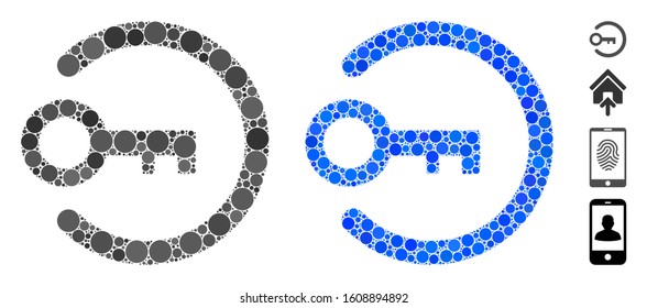 Login key mosaic of small circles in various sizes and color tints, based on login key icon. Vector small circles are combined into blue mosaic. Dotted login key icon in usual and blue versions.