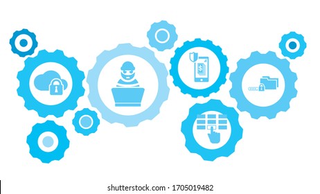 Inicio de sesión, bloqueo, juego de iconos azul del engranaje de carpeta. Fondo abstracto con engranajes e iconos conectados para logística, servicio, envío, distribución, transporte, mercado, comunicación conceptos