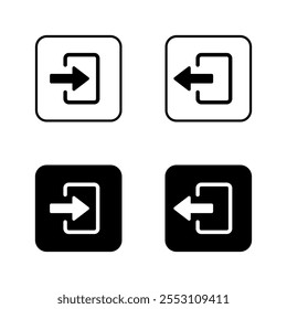 Ícone de login e logout no quadrado preto. Símbolo de entrada e fechamento de porta