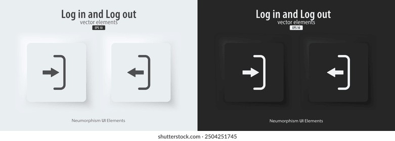 Login and logout icon. A set of black and white square buttons with symbols. 3D icon in trendy neumorphic style for apps and websites. UI UX elements. Vector illustration.