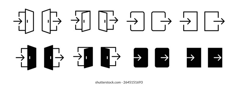 Conjunto de ícones de logon e logoff. Ícones de entrada e saída. Ícone de entrada e saída da porta. Contorno e preenchido. Ilustração de vetor.
