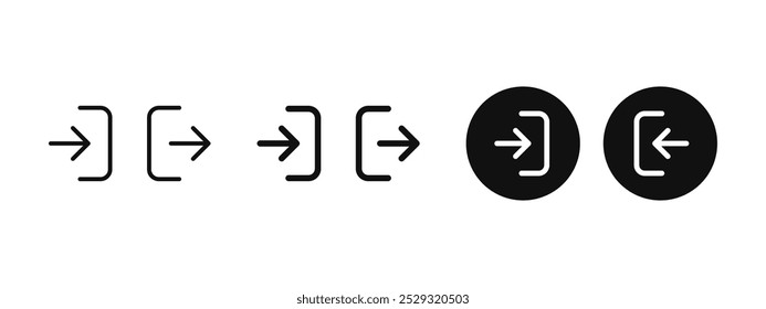 Login and logout icon set. Exit and enter arrow symbol. Quit and entry pictogram. Login and logout button vector illustration isolated.