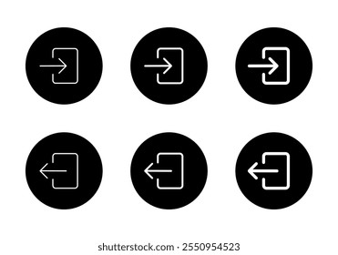 Ícone de logon e logoff definido em círculo preto. Símbolo de sinal de entrada e saída da porta