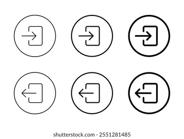 Ícone de logon e logoff definido na linha circular. Símbolo de sinal de entrada e saída da porta