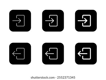 Ícone de login e logout definido em quadrado preto. Símbolo de sinal de entrada e saída da porta