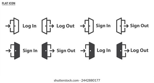 Login and logout icon. Set of sign out, Sign in vector icon. Open and close door symbol in trendy flat style, Sing in and sign out, login and logout icons isolated in transparent backgrround.