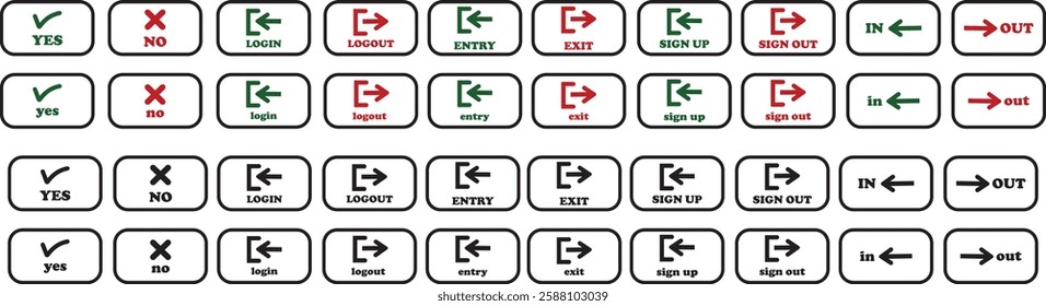 Login and logout icon set Set of sign out, Sign in vector vector collection. Open and close door symbol. Black in, out, yes, no, exit and enter arrow, trendy isolated on transparent background.