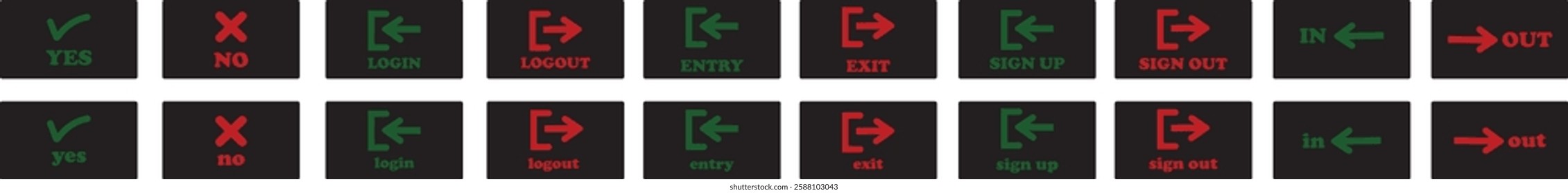 Login and logout icon set Set of sign out, Sign in vector vector collection. Open and close door symbol. Black in, out, yes, no, exit and enter arrow, trendy isolated on transparent background.