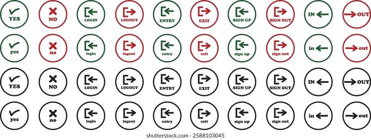 Login and logout icon set Set of sign out, Sign in vector vector collection. Open and close door symbol. Black in, out, yes, no, exit and enter arrow, trendy isolated on transparent background.