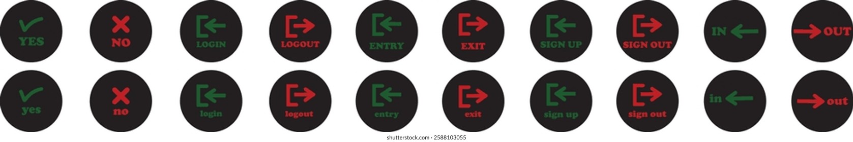 Login and logout icon set Set of sign out, Sign in vector vector collection. Open and close door symbol. Black in, out, yes, no, exit and enter arrow, trendy isolated on transparent background.