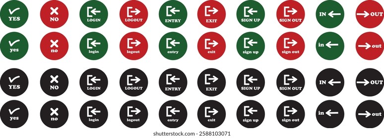 Login and logout icon set Set of sign out, Sign in vector vector collection. Open and close door symbol. Black in, out, yes, no, exit and enter arrow, trendy isolated on transparent background.