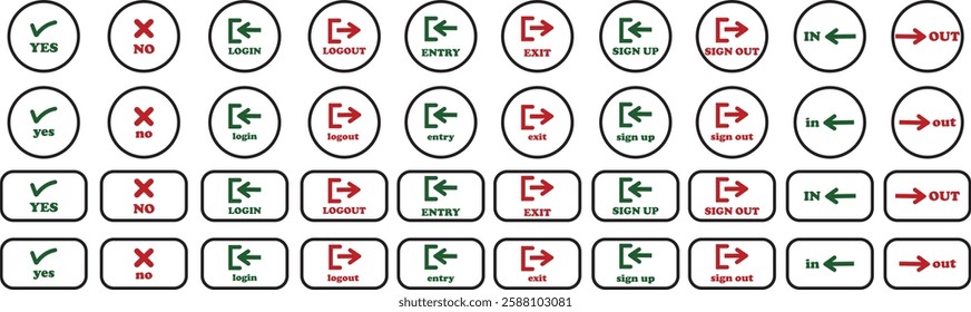 Login and logout icon set Set of sign out, Sign in vector vector collection. Open and close door symbol. Black in, out, yes, no, exit and enter arrow, trendy isolated on transparent background.