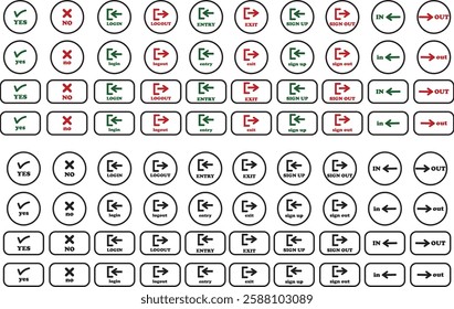 Login and logout icon set Set of sign out, Sign in vector vector collection. Open and close door symbol. Black in, out, yes, no, exit and enter arrow, trendy isolated on transparent background.