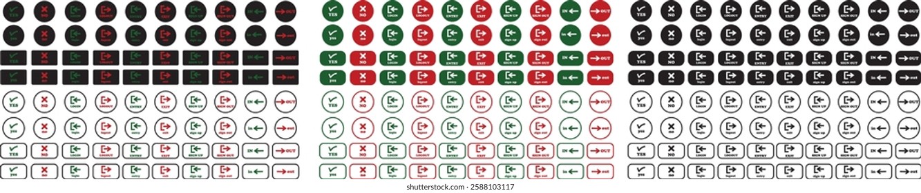 Login and logout icon set Set of sign out, Sign in vector vector collection. Open and close door symbol. Black in, out, yes, no, exit and enter arrow, trendy isolated on transparent background.