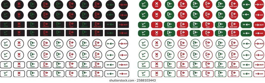Login and logout icon set Set of sign out, Sign in vector vector collection. Open and close door symbol. Black in, out, yes, no, exit and enter arrow, trendy isolated on transparent background.