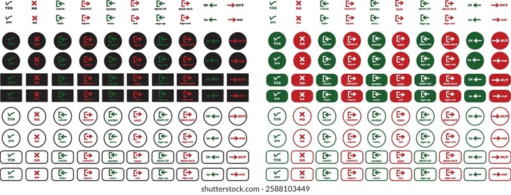 Login and logout icon set Set of sign out, Sign in vector vector collection. Open and close door symbol. Black in, out, yes, no, exit and enter arrow, trendy isolated on transparent background.