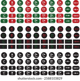 Login and logout icon set Set of sign out, Sign in vector vector collection. Open and close door symbol. Black in, out, yes, no, exit and enter arrow, trendy isolated on transparent background.