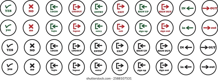 Login and logout icon set Set of sign out, Sign in vector vector collection. Open and close door symbol. Black in, out, yes, no, exit and enter arrow, trendy isolated on transparent background.