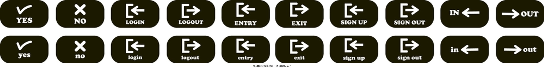 Login and logout icon set Set of sign out, Sign in vector vector collection. Open and close door symbol. Black in, out, yes, no, exit and enter arrow, trendy isolated on transparent background.
